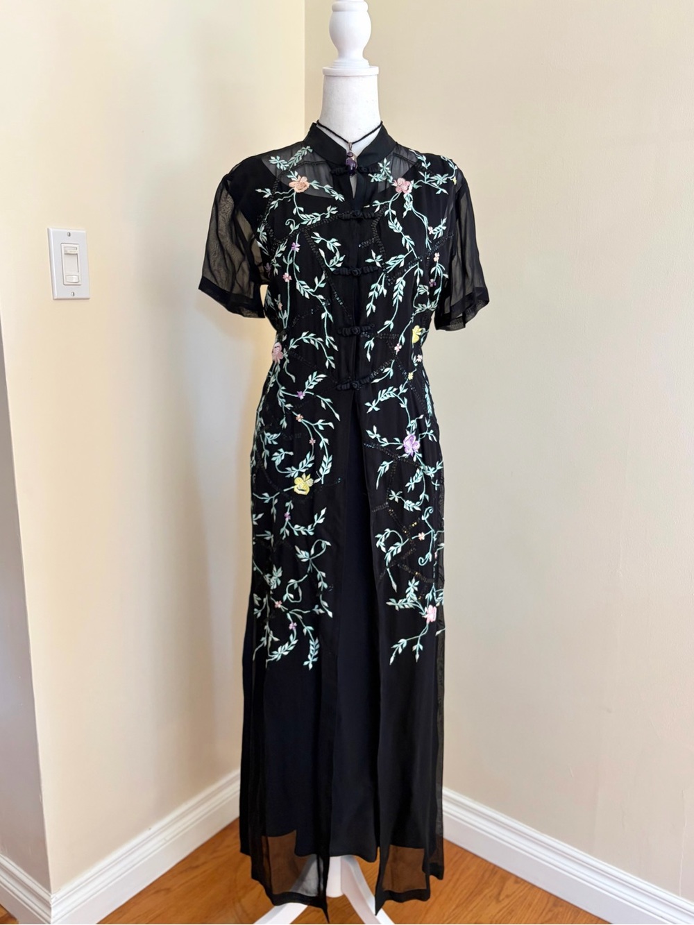 Vintage Y2K embroidered beaded floral sheer black frog clasp mandarin maxi dress